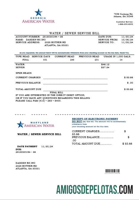 Para baixar modelo de conta de serviços públicos de água dos EUA Maryland Georgia em formatos Word e PDF